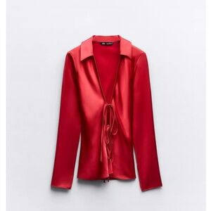 ZARA NEW -Satin Effect Red Jacket with Ties. Size XS.